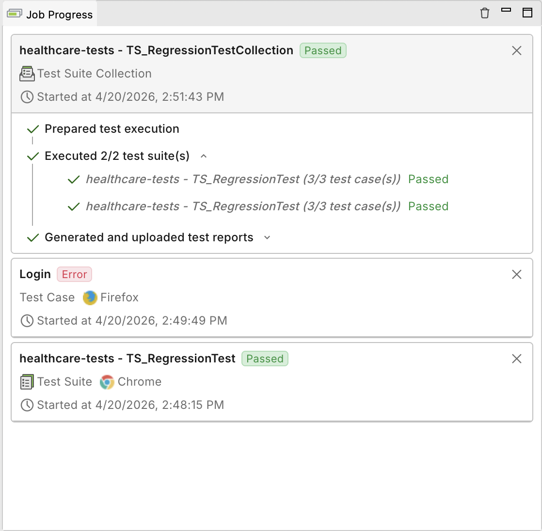 Job progress window with history view
