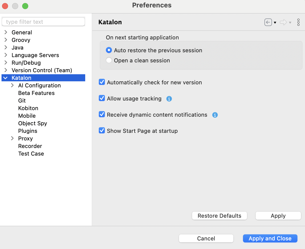 Enable displaying Start page