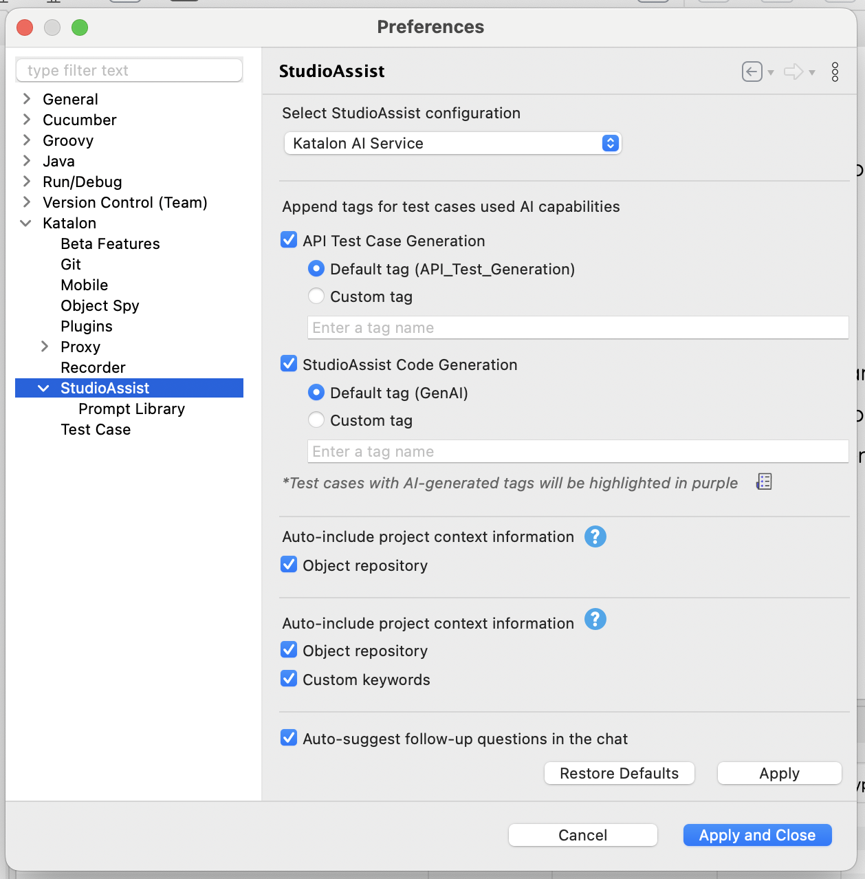Choose between using Katalon AI Service or using your own OpenAI or Azure OpenAI API keys