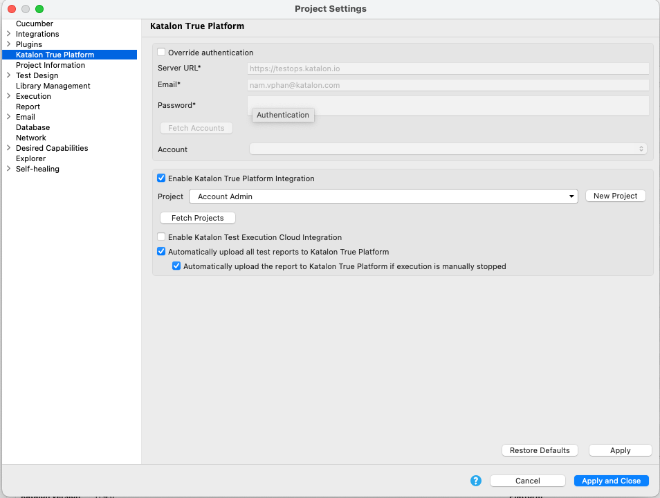 Katalon True Platform settings with the upload on manual stop option selected