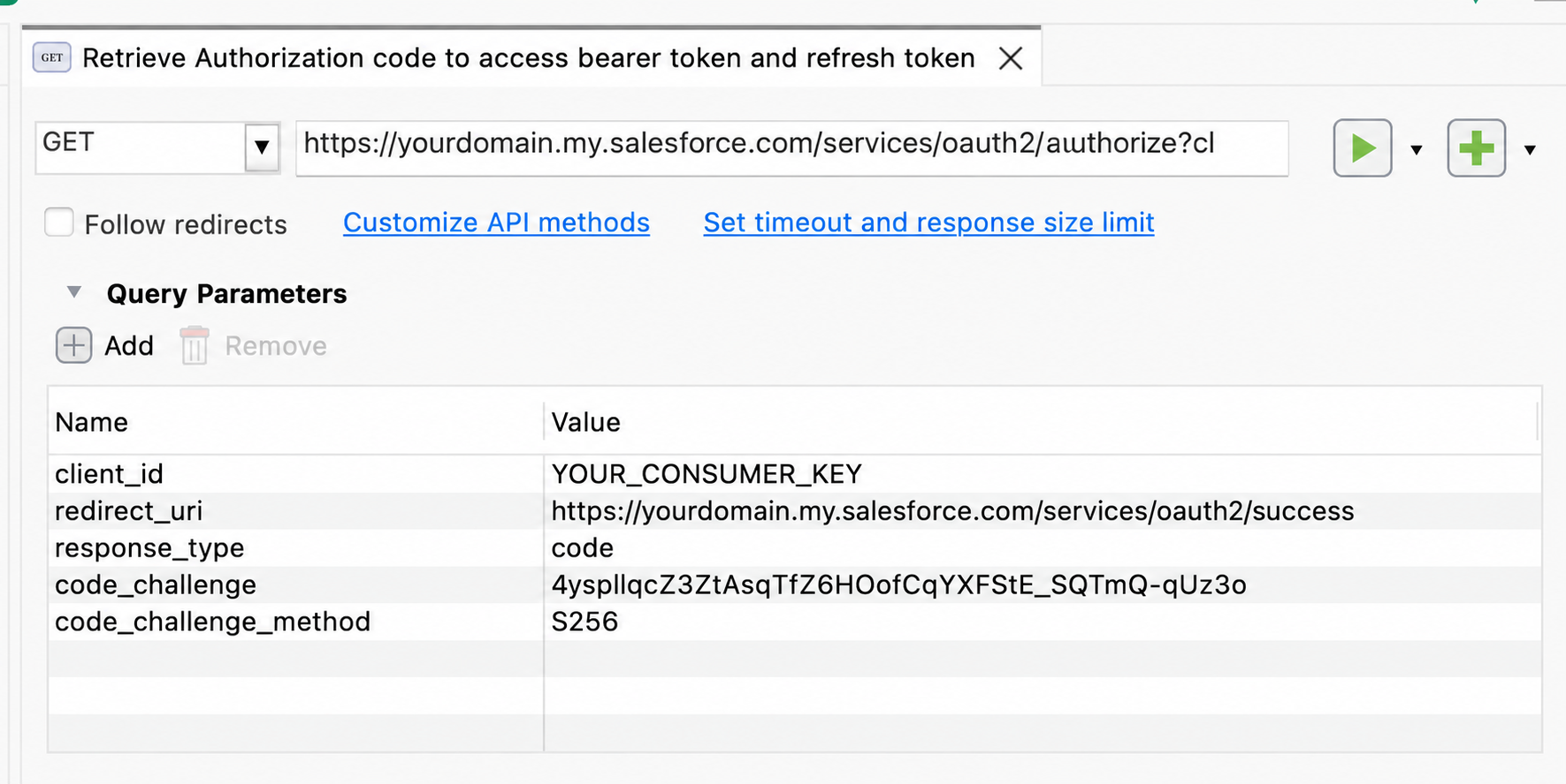 Katalon Studio authorization request with placeholder Salesforce domain and consumer key, and Follow redirects cleared