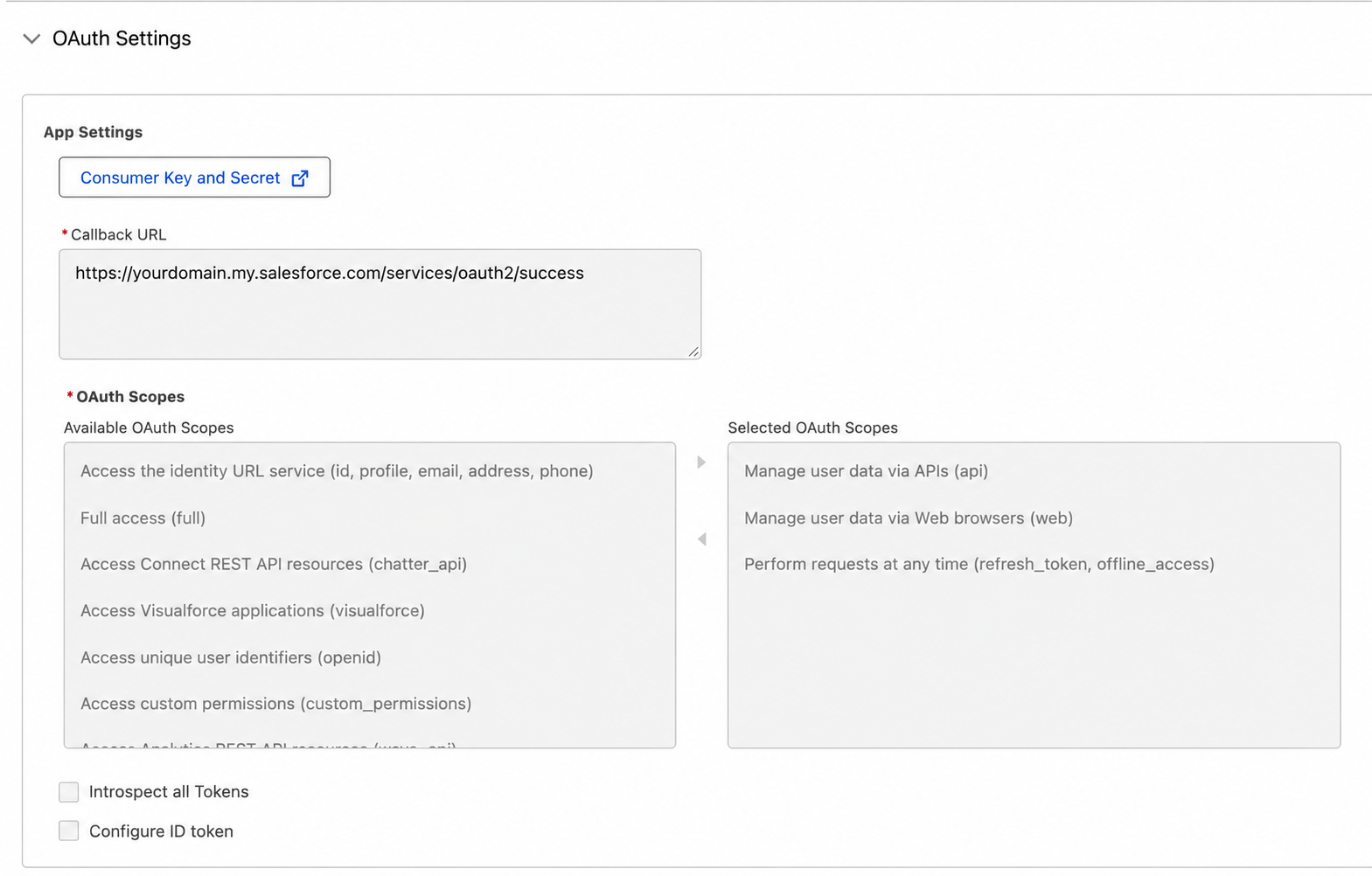 Salesforce OAuth settings with placeholder callback URL and selected scopes