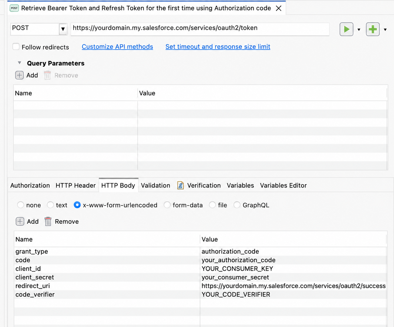 Katalon Studio authorization code exchange request with placeholder credentials and callback URL