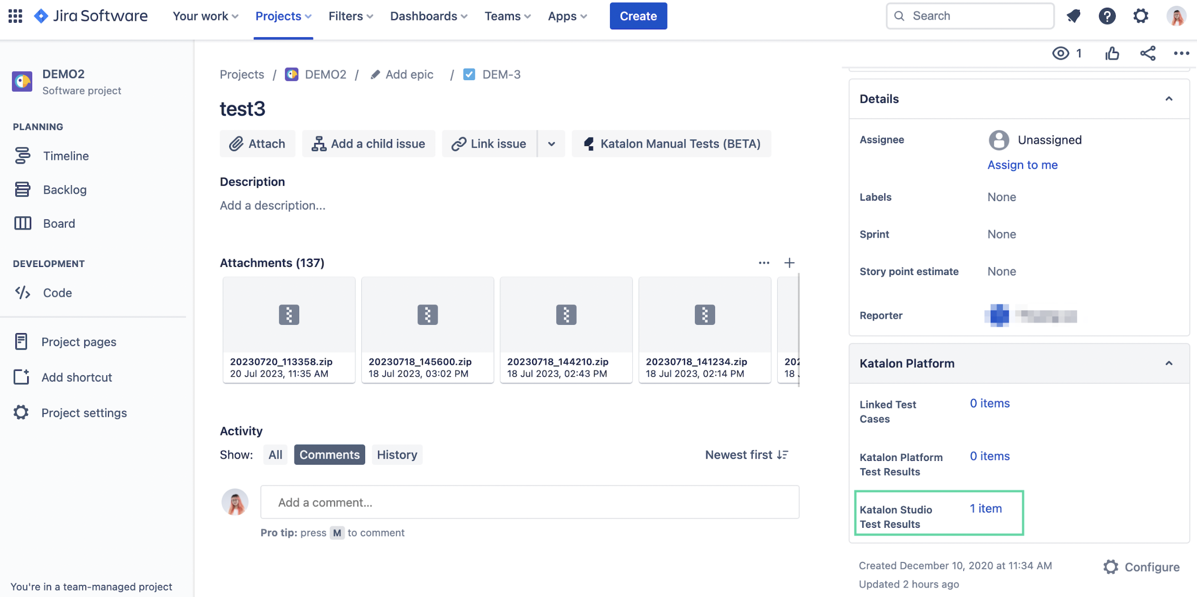 View Katalon Studio test results in Jira tickets