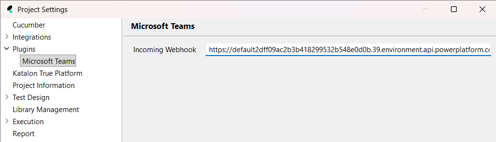 Microsoft Teams project settings in Katalon Studio