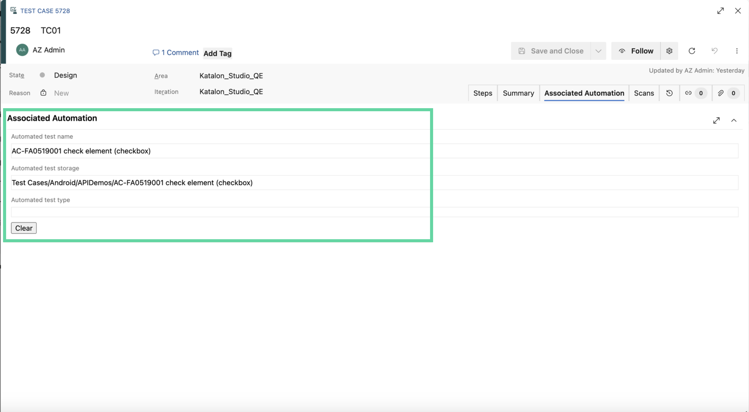 Automation status in ADO Steps section