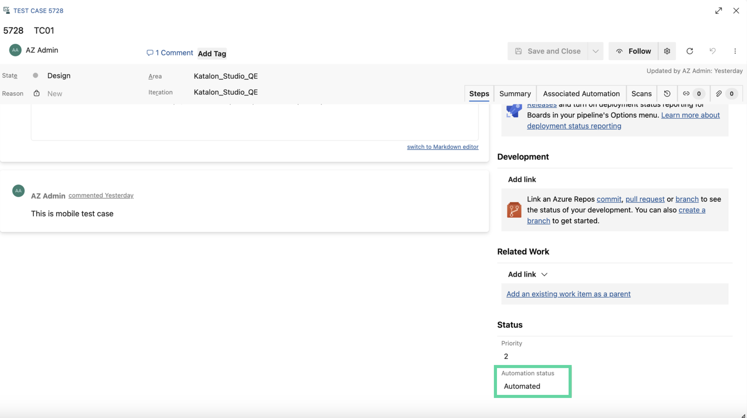 Automation status in ADO Steps section