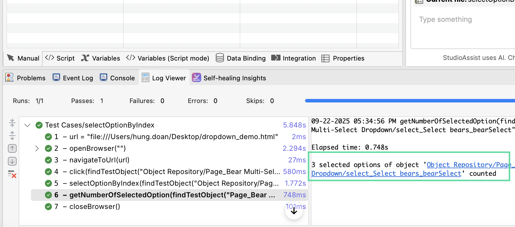 The log viewer result inside Katalon Studio, saying 3 objects are selected