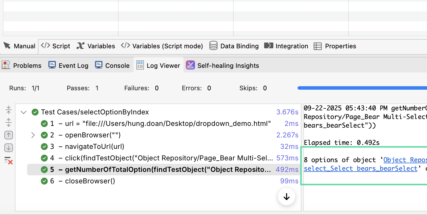 The log viewer result inside Katalon Studio, saying there are 8 objects in total