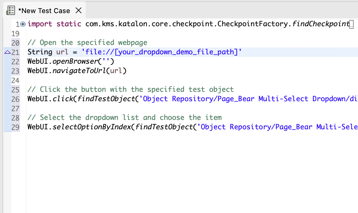 a test case with codes in script view