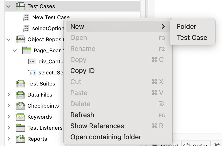 create a new test case menu inside Katalon Studio