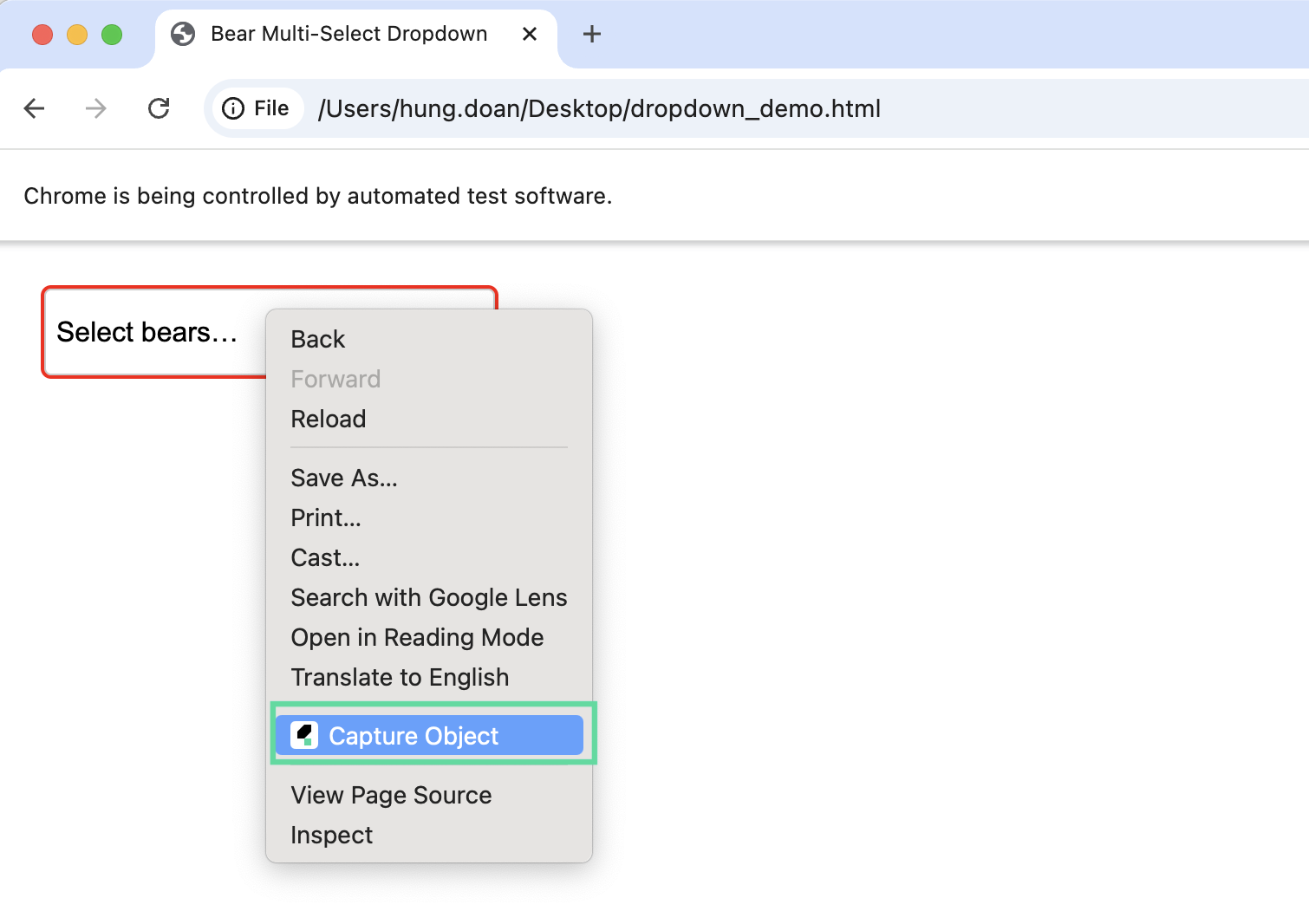 the capture object button in Katalon Studio