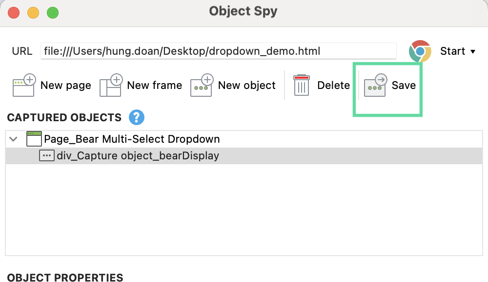 the save object button in Katalon Studio