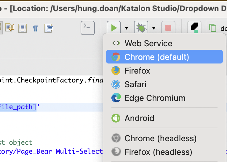 the run test case button with different environments in Katalon Studio