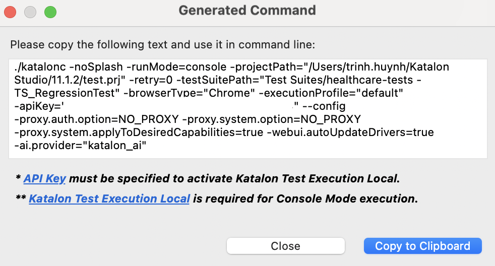 Generate Command in Katalon Studio