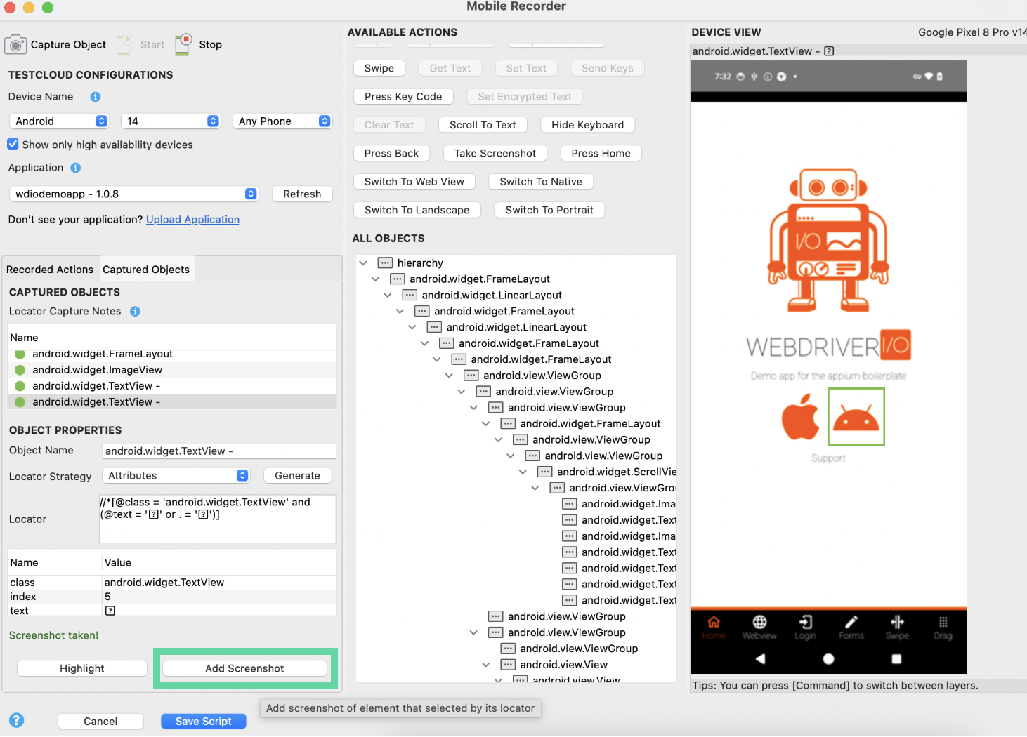 Right-click on the element and select Capture Object