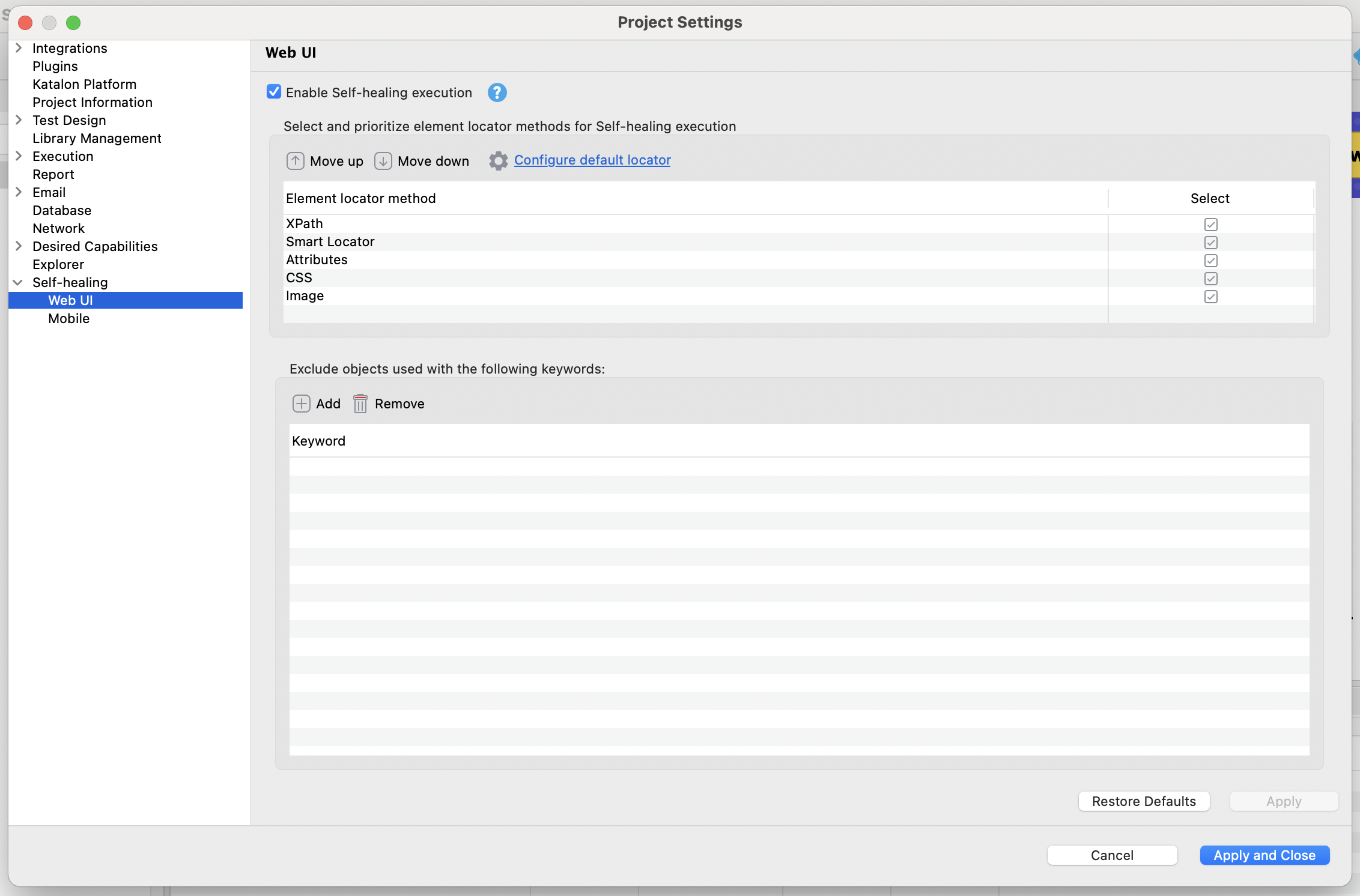 Clear the checkbox for the Enable Self-healing execution for WebUI
