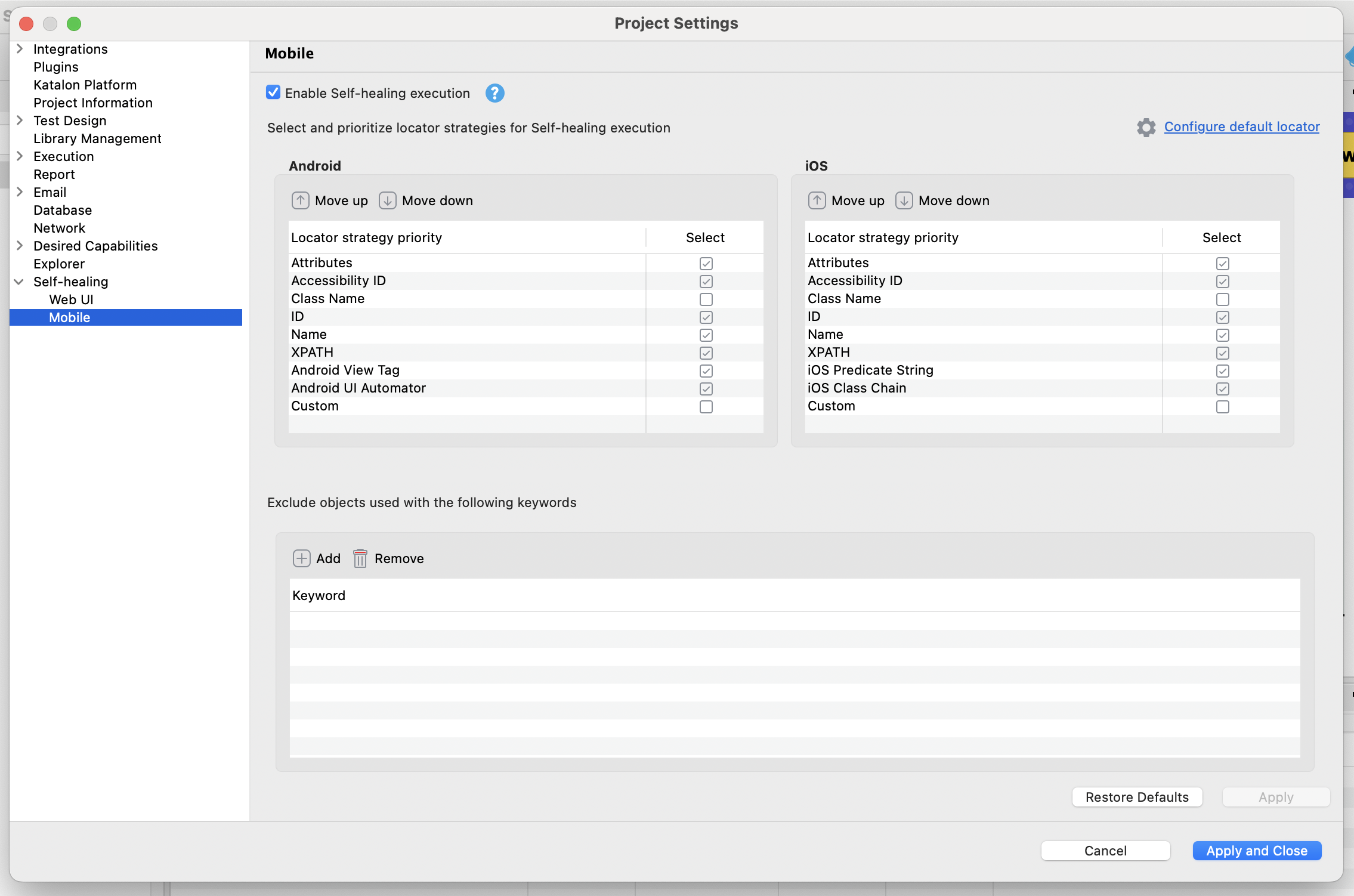 Clear the checkbox for Enable Self-healing execution for Mobile