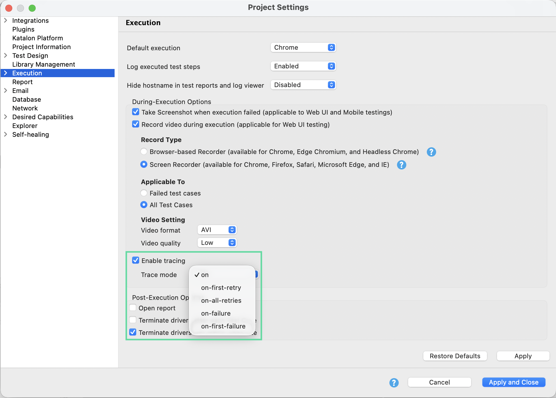 katalon studio tracer configuration