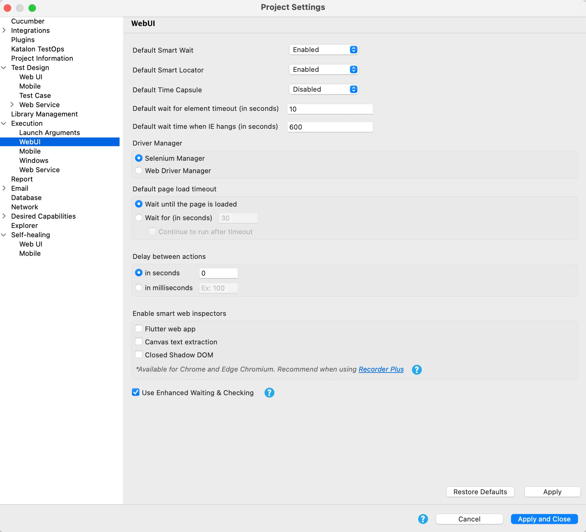 WebUI execution settings in Katalon Studio, with the Driver Manager option