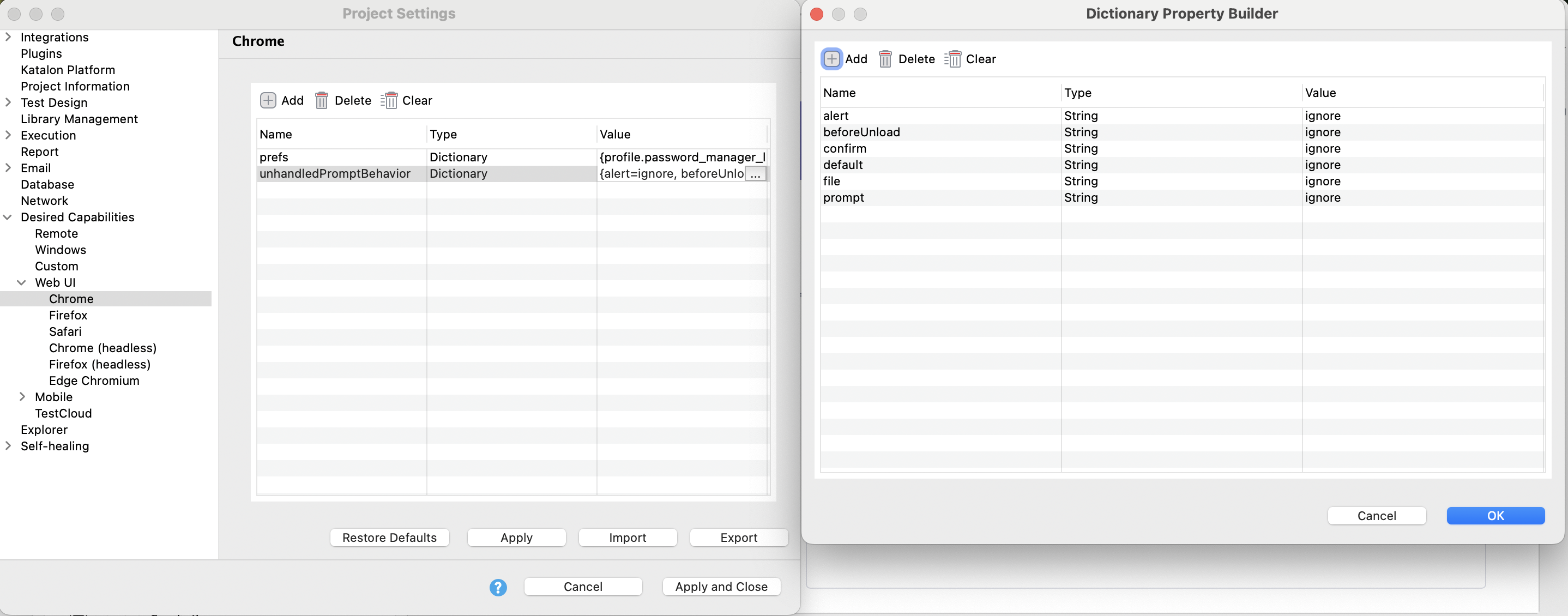 unhandledPromptBehavior mapping for Chrome