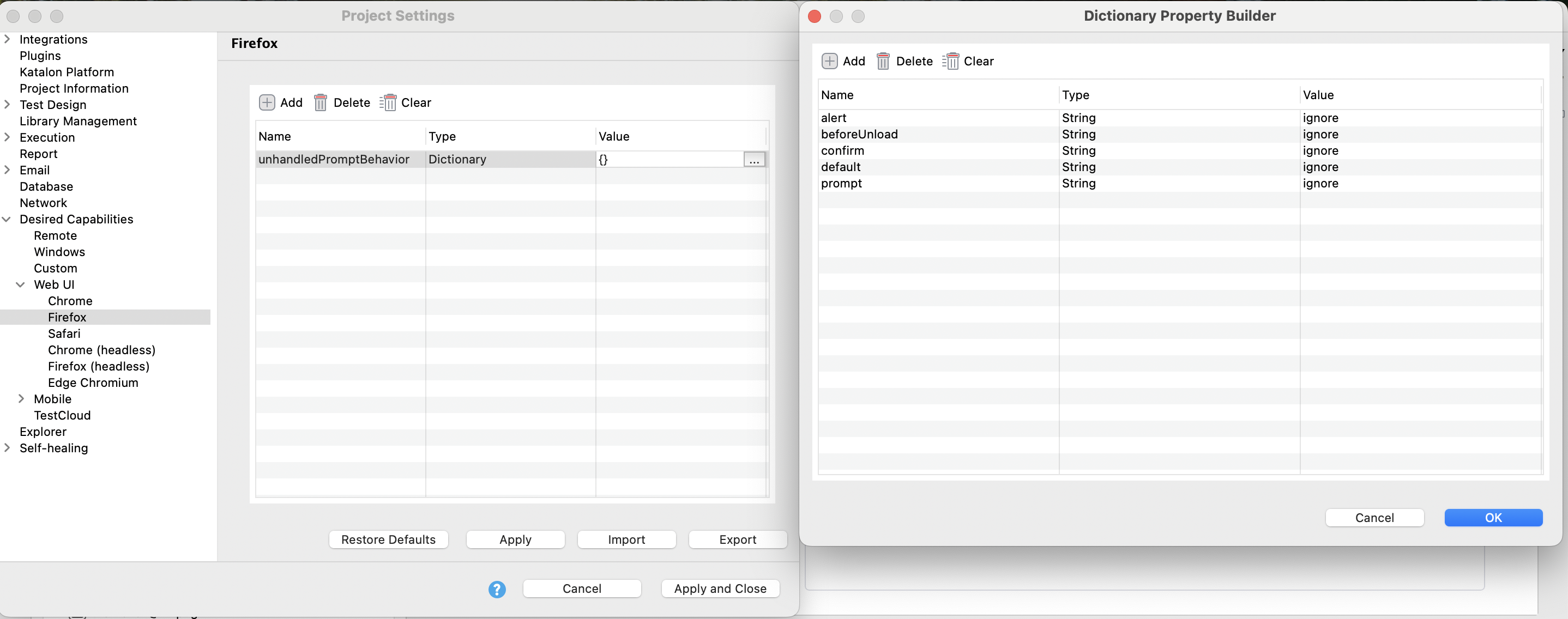 unhandledPromptBehavior mapping for Firefox