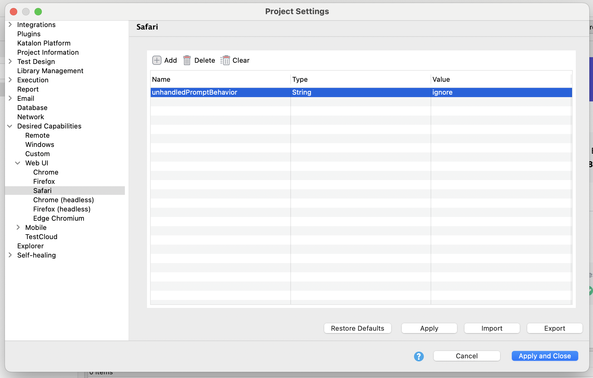 unhandledPromptBehavior mapping for Safari