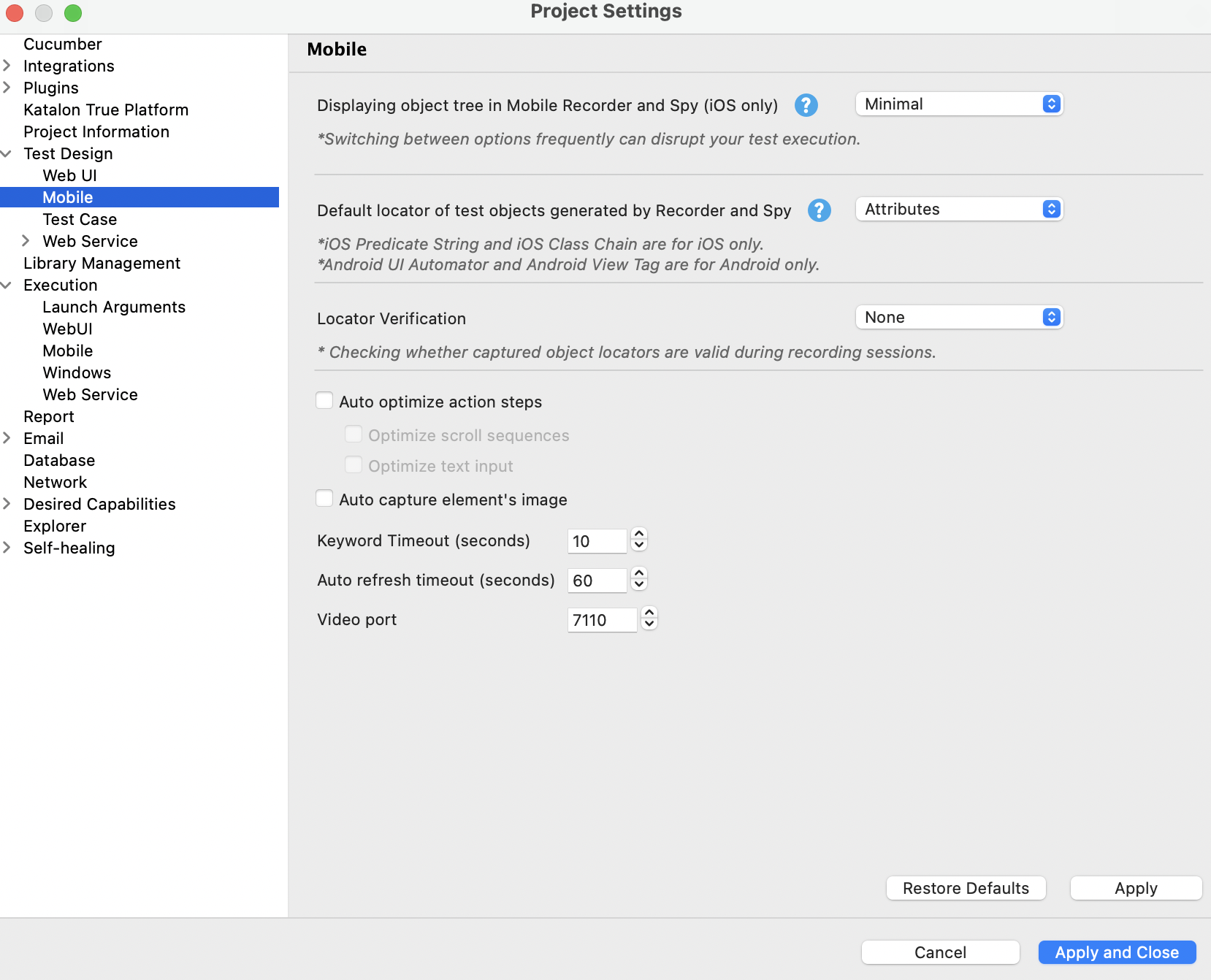 Mobile test object and Recorder settings under Project Settings