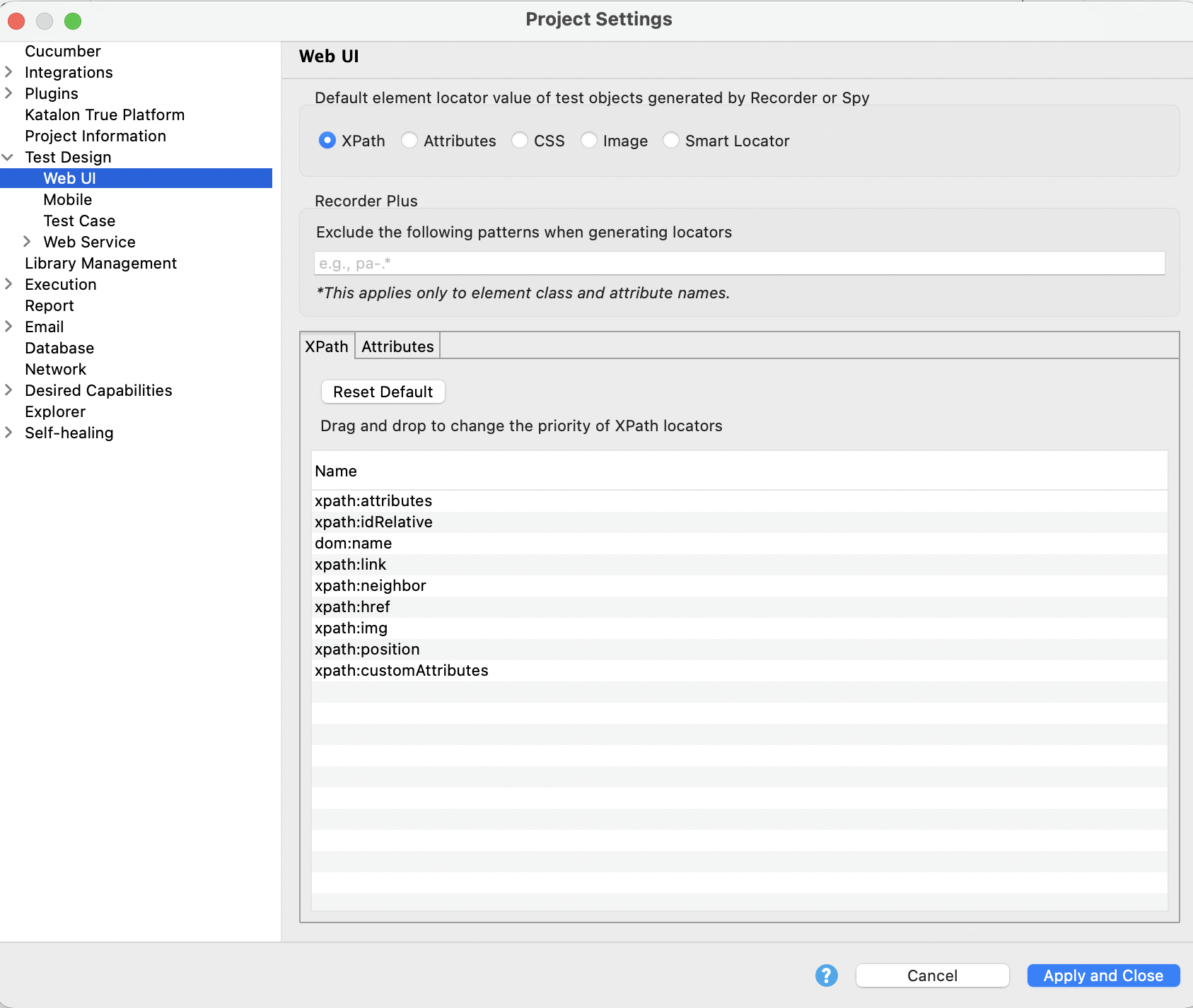 XPath locator priority in Katalon Studio project settings