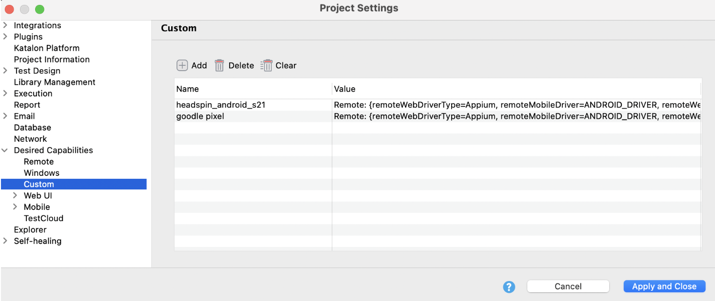 Select custom desired capabilities with remote Appium type