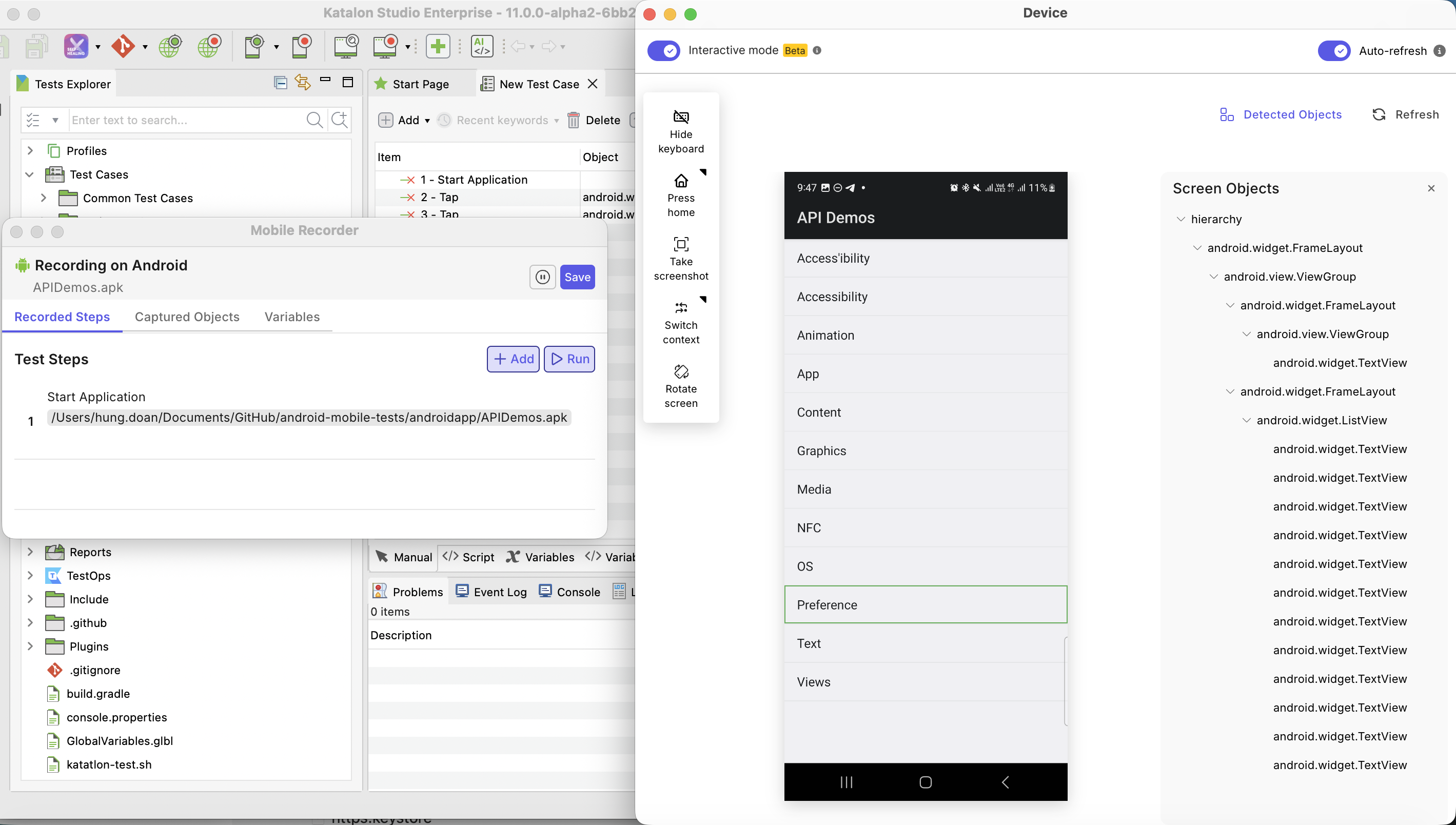 katalon studio smart mobile recorder interactive mode