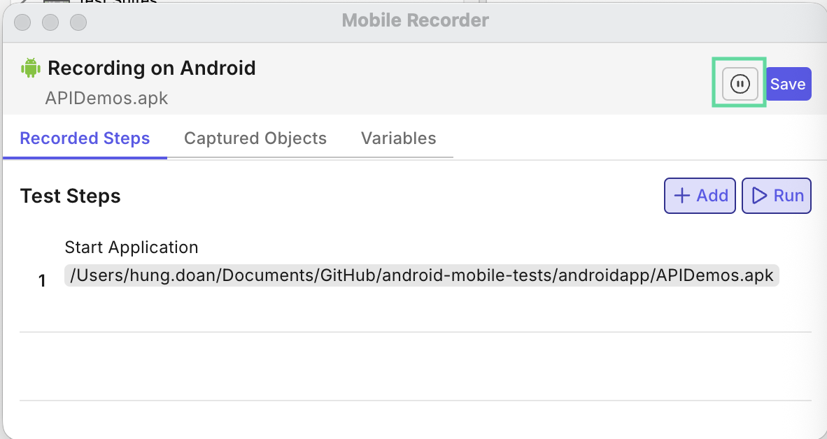 katalon studio smart mobile recorder pause resume button