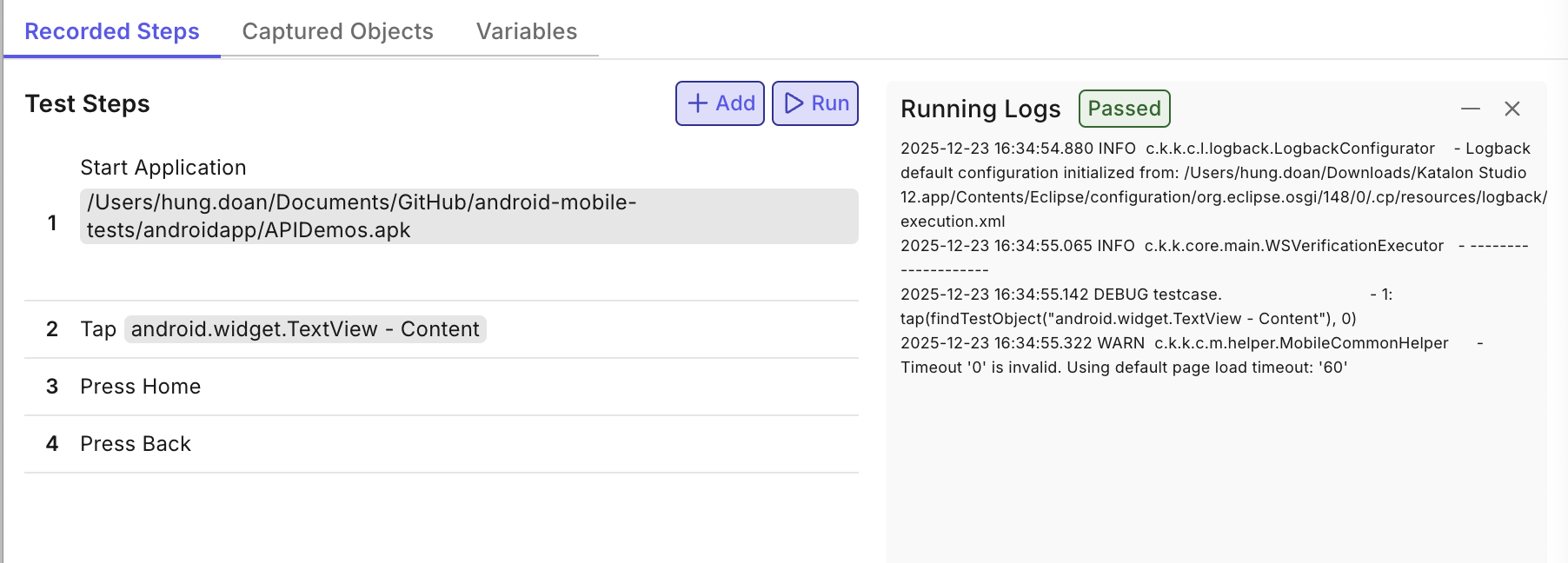 katalon studio smart mobile recorder test steps editor