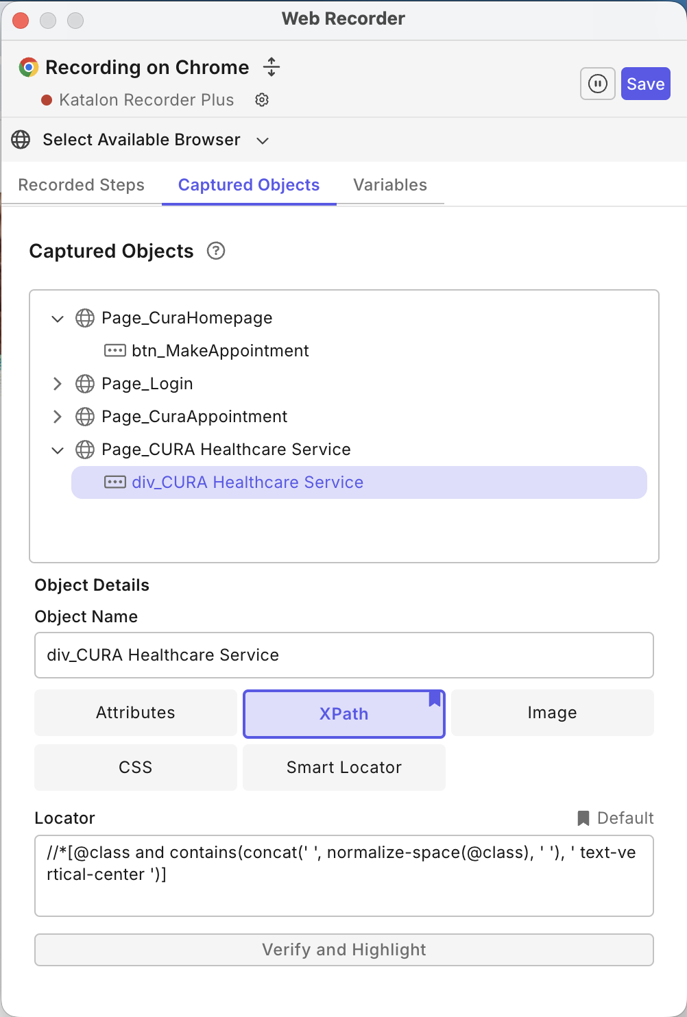 katalon studio web recorder plus captured objects
