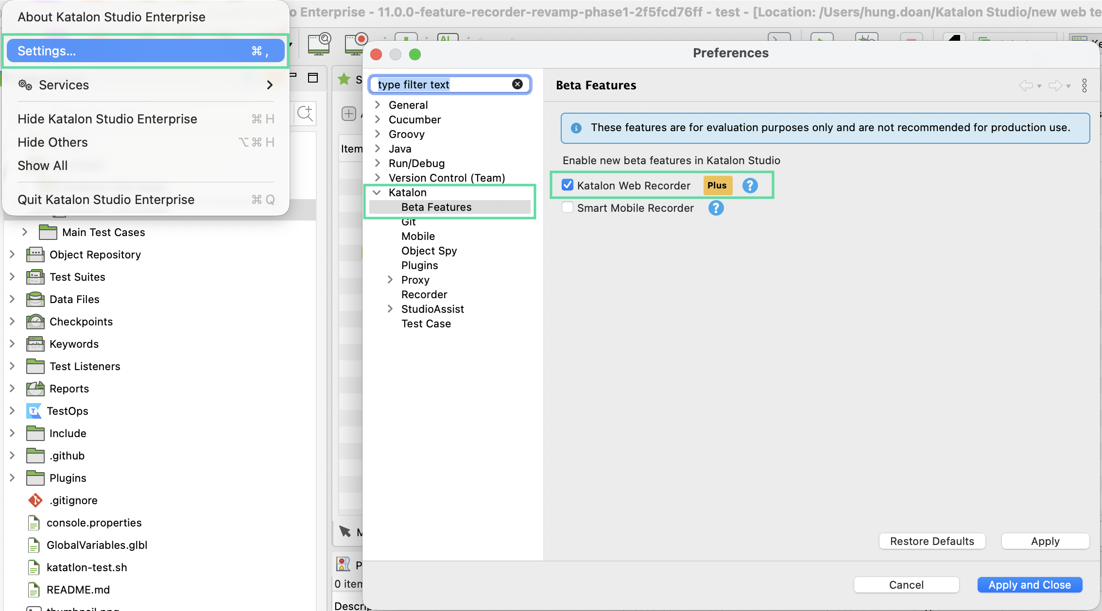 katalon studio web recorder plus enable option