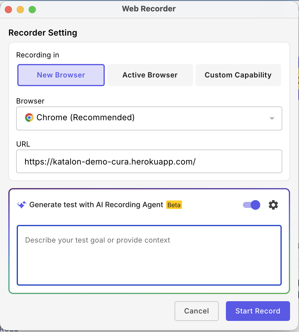 katalon studio web recorder plus main panel