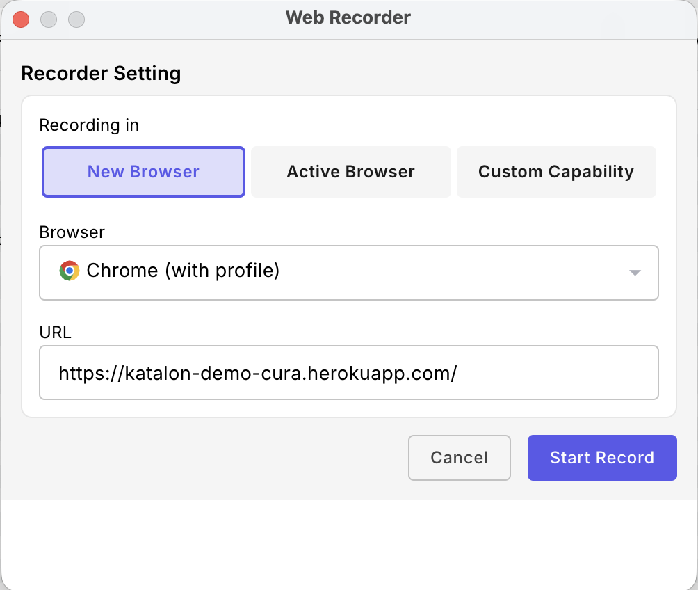 katalon studio web recorder plus main panel