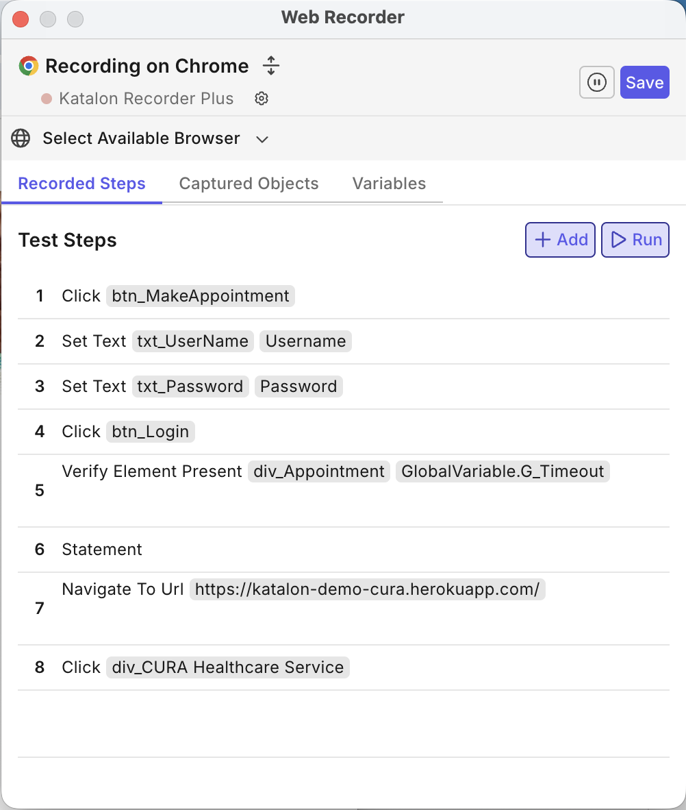 katalon studio web recorder plus recorded steps