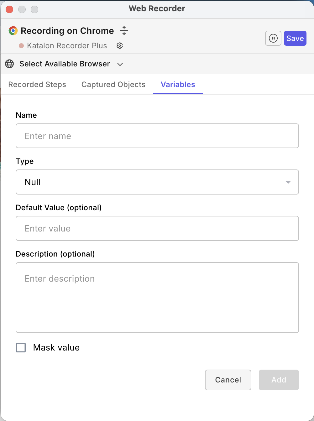 katalon studio web recorder plus variables panel add