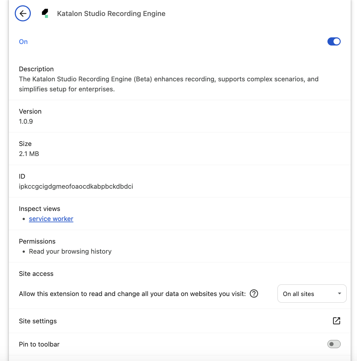 View Katalon Studio Recording Engine extension details