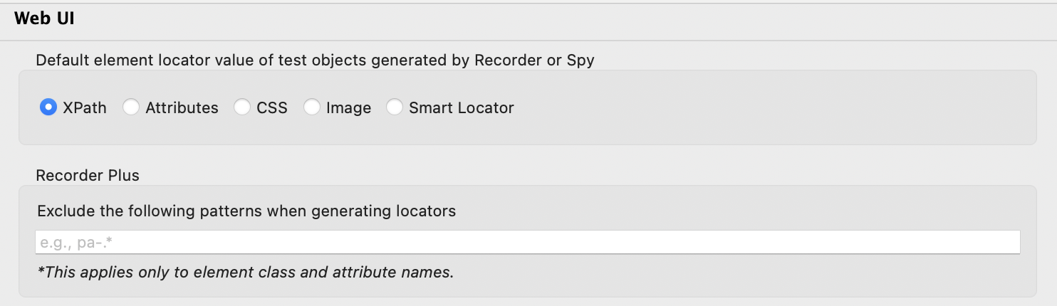 Configure exclusion patterns from locator generation
