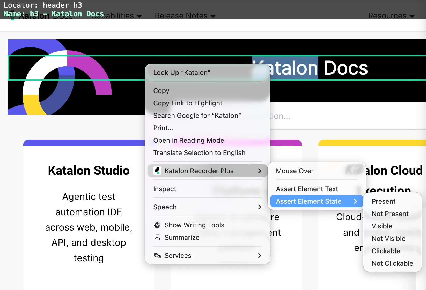 Web Recorder Plus context menu with Assert Element State options