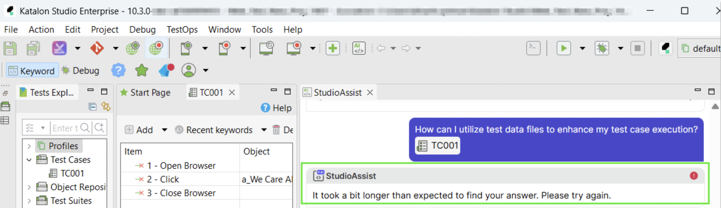 StudioAssist error message - Took long response