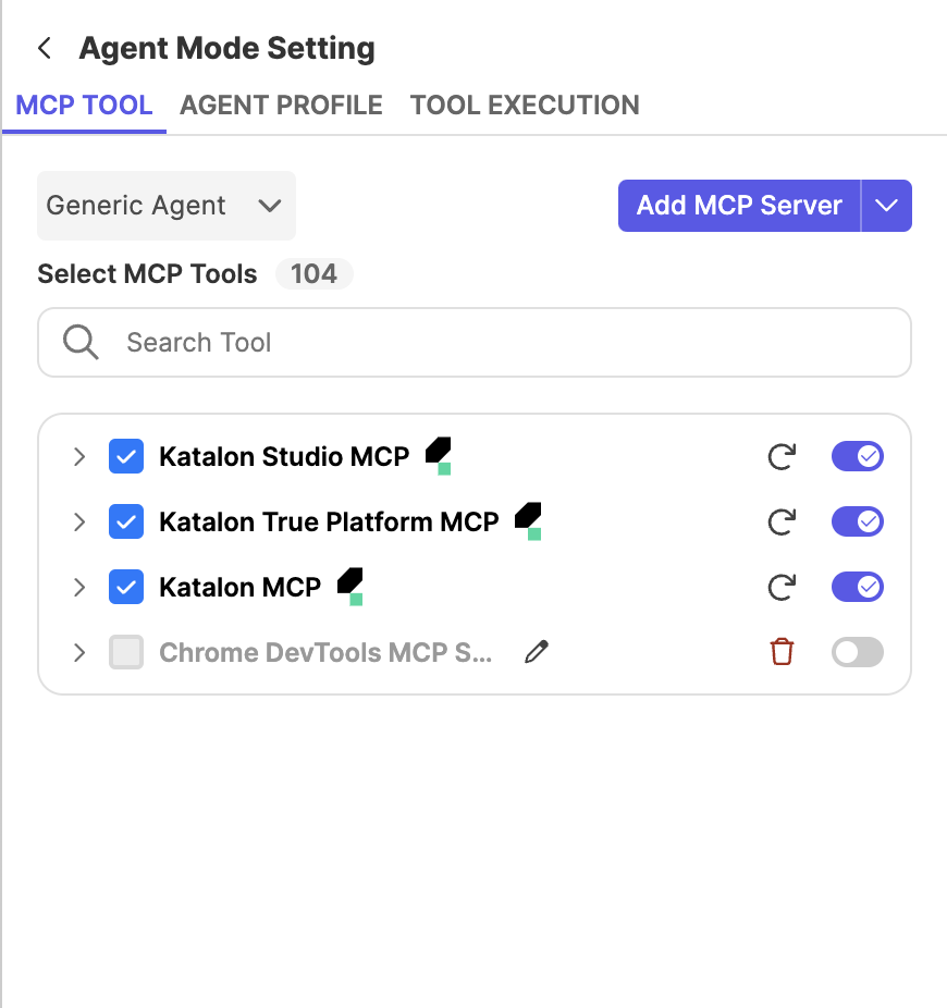 features and buttons for configuring MCP servers and tools