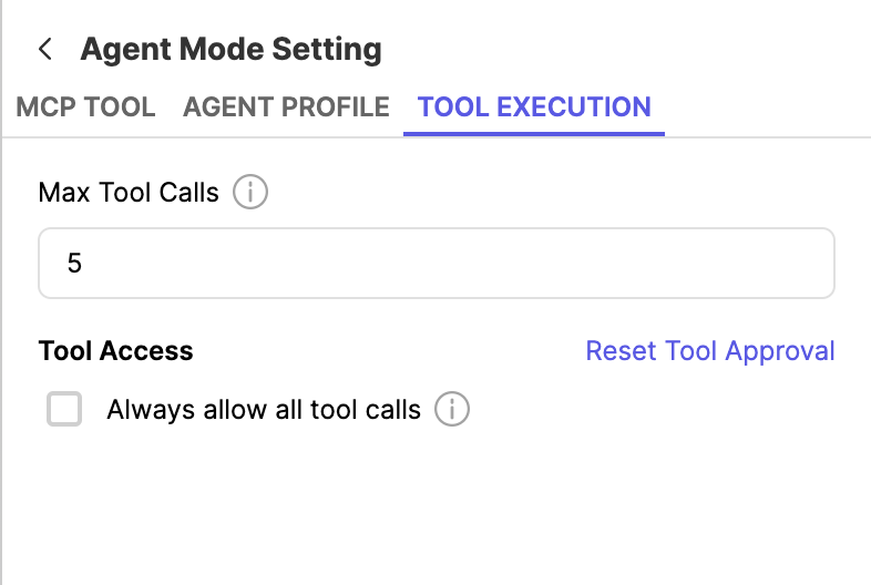 settings box for agent mode behavior when using mcp servers
