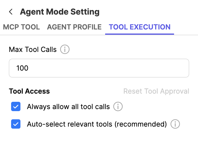 settings box for agent mode behavior when using mcp servers