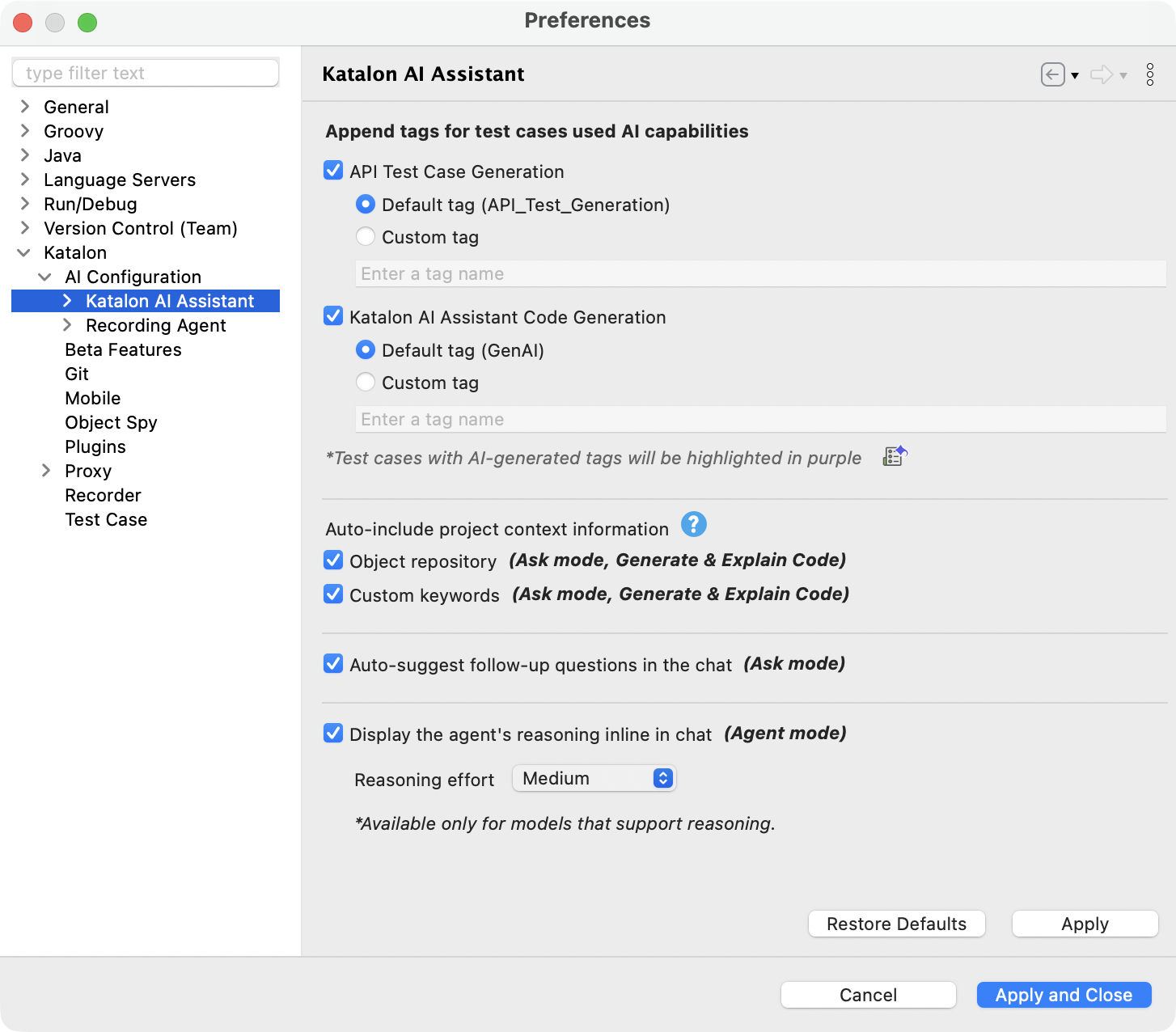 Katalon AI Assistant settings