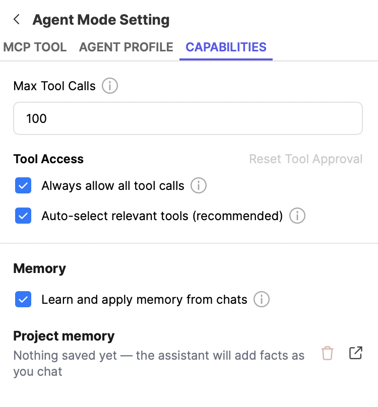 settings box for agent mode behavior when using mcp servers