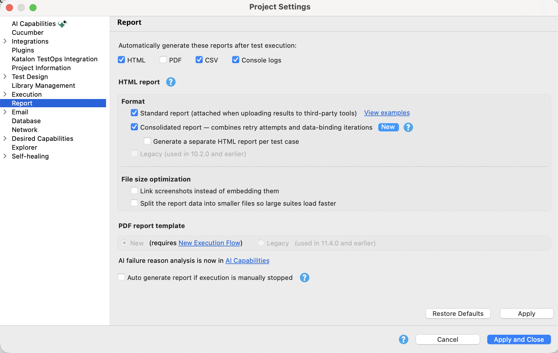 Report settings in Katalon Studio 11.7.0