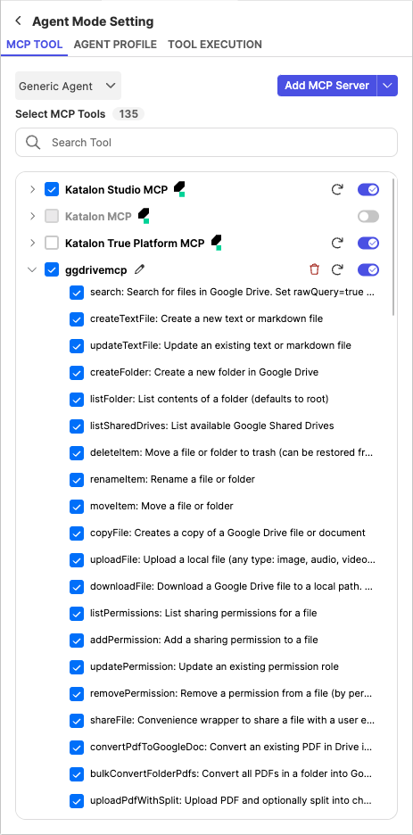 The Google Drive MCP server added and expanded on the MCP TOOL tab in Katalon AI Assistant Agent Mode settings